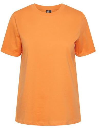 PIECES Women's Pcria Ss Fold Up Solid Tee Noos Bc T-Shirt, Tangerine, M