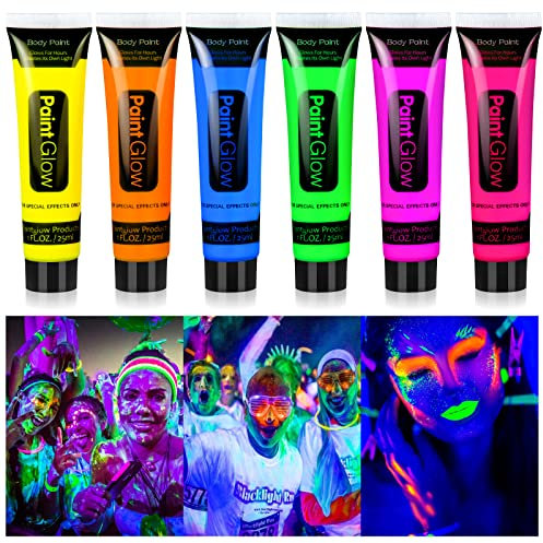 Teekerwan 6 Stück UV-Neon-Körperfarbe - Fluoreszierende Schwarzlicht-Farbe für Gesicht und Körper, Leicht Abwaschbar