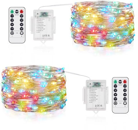 Vacoulery Stringa Luci LED a Batteria, 5M 50 LEDs 8 Modalità Lucine Led Decorative IP65 Impermeabile con Telecomando, Timer e Dimmer per Interni e Esterni, Natale, Feste (2 Pezzi, Multicolore)