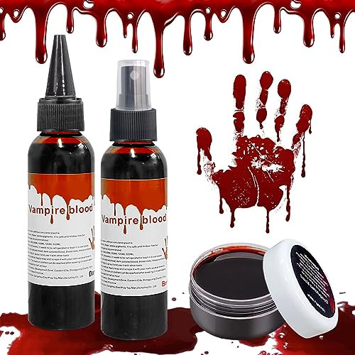 Lukinuo Halloween Kunstblut Makeup Kit 3PCS Kunstblut Spray (1.76oz) Geronnenes Blut (1.06oz) Tropfendes Blut (1.76oz) Blutspritzer Vampirblut Halloween Flüssigblut für Kleidung Zombie Monster