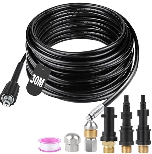 SWAWIS Rohrreinigungsschlauch 30M 180bar 60°C Rohrreinigungsset Abflussreiniger Schlauch mit Düsen Starr + Rotierend, inkl 3 Adapter für Kärcher K2 - K7 Lavor Parkside Bosch Hochdruckreiniger