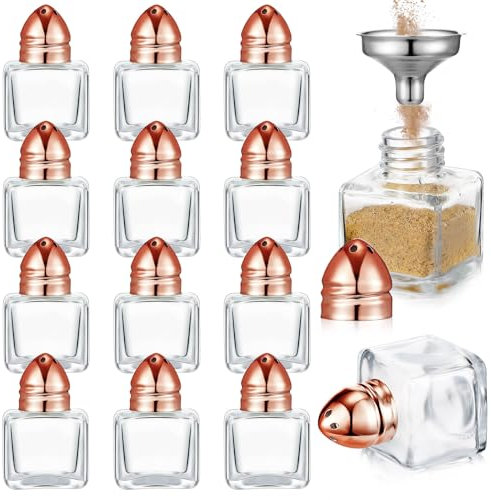 Uiifan 12 Pcs 0.5 oz Cube Shape Small Salt and Pepper Shakers with Tone Tops Clear Mini Glass Seasoning Jars Spice Salt Shakers with Funnel for Wedding Party Home Restaurant Kitchen (Rose Gold)