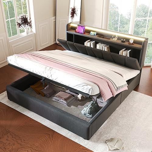Oyemige Polsterbett 160x200, Doppelbett mit Stauraum und Lattenrost, LED-Kopfteil mit Staufach und USB-Ladefunktion, Funktionsbetten Stauraumbett Rückenlehne Bettgestell, ohne Matratze, Leinen Grau