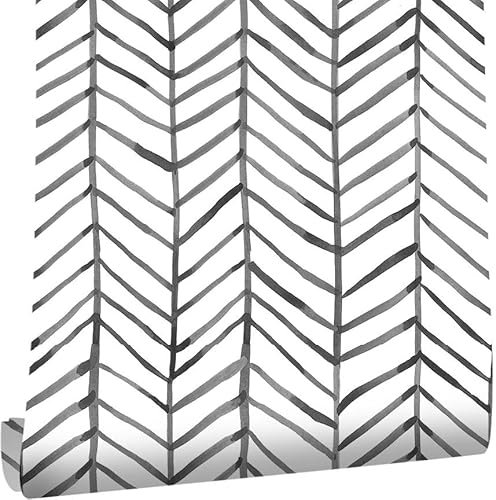 Arthome Modernes Schwarz und Weiß Abziehen und Aufkleben Selbstklebende Klebefolie Fischgrätenmuster Abziehbare Geometrische Tapete Badezimmer 44cmx10m Backsplash Selbstklebendes