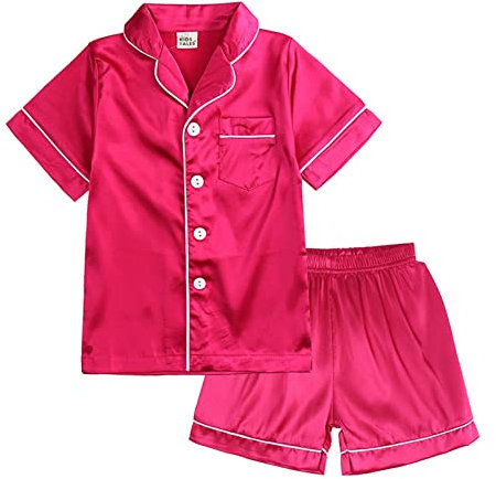 Buchhalter Schlafanzug für kleine Babys, Mädchen, Jungen, Satin, Seide, Kinder, Kurze Ärmel, Nachtwäsche, Pyjamas, 2-teilig, mit Knöpfen, Klassische Loungewear-Shorts Mädchen (Hot Pink, 6-12 Months)