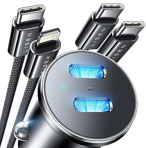 LISEN 90W USB C Car Charger, Dual Port PD45W All Metal Cigarette Lighter Fast Adapter With USB C & Lightning Cable for iPhone 16 Pro Max 15 14 13 Galaxy S24/23 Pixel iPad