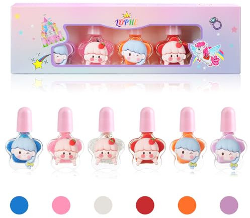 LOPHE Kinder Nagellack Set auf Wasserbasis - 6-Farbiger, Ungiftiger und Geruchloser Abziehbarer Nagellack für Kinder, Schnell Trocknend für Mädchen