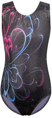 ZNYUNE Mädchen Balletttrikot Bunte Flocken von Schnee Element Kinder Gymnastik Sportbekleidung Gymnastikanzug 3-12 Jahre, Schwarzblume, 9 - 10 Jahre