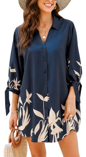 CUPSHE Women's Blouse Dress V Neck Long Sleeve Loose Shirt Dress Button Front Casual Dresses Bikini Cover Up Beach Dress Blue Floral S