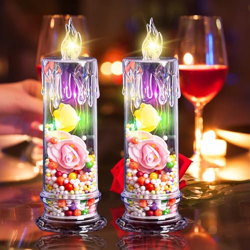 LED Kerzen Rose Deko Flammenlose Kerzen, 2 Stück Batterie Kerzen Dekorative Set, LED Stumpen Kerzen Für Valentinstag, Vorschläge, Jahrestag, Hochzeits Deko, Geschenke Für Mama Frauen (A)