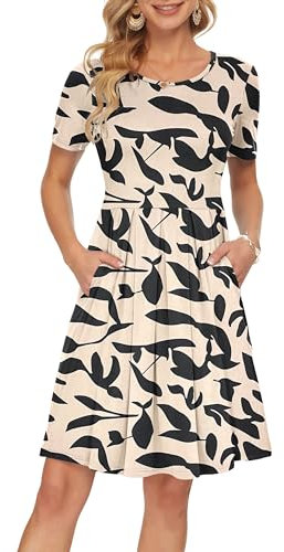 AUSELILY Damen Kurzarm Plissee Loose Swing Freizeitkleid mit knielangen Taschen Aprikose Black Leaf L