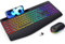 Virfour Wireless Keyboard and Mouse with Rainbow Backlit, Full Size Rechargeable Keyboard and Mouse Set with Wirst Rest、Phone/Tablet Holder、2 In 1 USB C & USB A Dongle, Purple