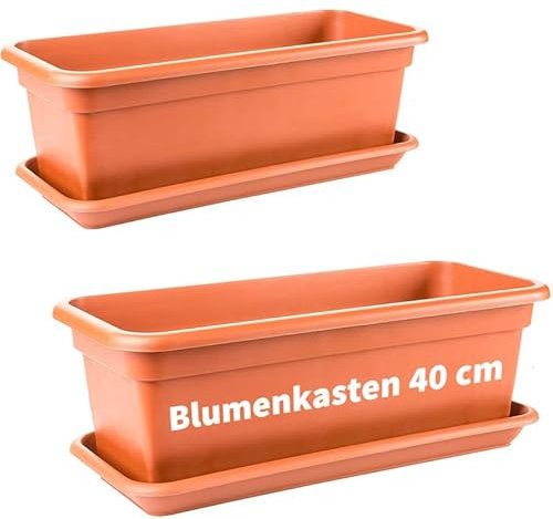 LIVINJA Terrakotta Blumenkasten 40cm mit Untersetzer – 2er-Set Balkonkästen, Hochwertiger Kunststoff, Terracotta, Made in EU