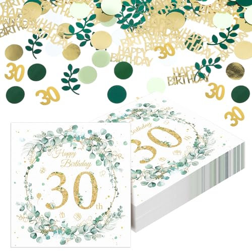 Yamitora 40 Stück Servietten 30. Geburtstag, Eukalyptus Motiv Papierservietten mit Konfetti Geburtstag Tischdeko für 30 Geburtstag Mann Frau Geburtstag Party Deco