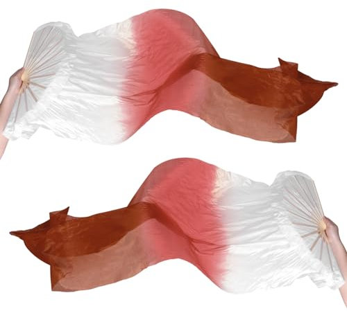 PATIKIL Belly Dance Silk Fan Veil 59, 1 Pair (Left+Right) Women Long Folding Dance Fan Wood Fan for Dance Performance, White Gradient Wine Red