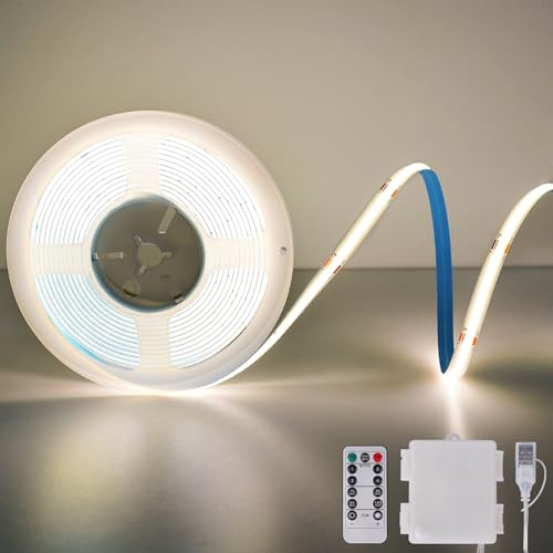 StarryEver COB LED Streifen mit Batterie, 2M LED Lichtband Naturweiß, Schneidbar Flexible LED Strip Lights mit Fernbedienung 4 Modi Timer für Schlafzimmer, Küche, DIY Schrank Regale Schreibtisch