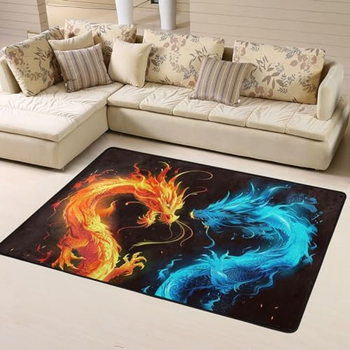Mexpekil Teppich mit Drachen-Motiv, rutschfest, für Wohnzimmer, Schlafzimmer, waschbar, große Matte, moderne Heimdekoration für drinnen und draußen, 120 x 160 cm, Blau / Orange