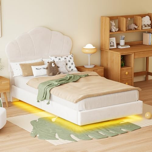 Rtopsu Polsterbett Doppelbett 90x200 cm mit LED-Leiste, Bett Einzelbett mit Wolkenförmiges Kopfteil, Jugendbett Bettgestell mit Lattenrost aus Holz und Metallrahmen, Samtstoff, Beige, Ohne Matratze