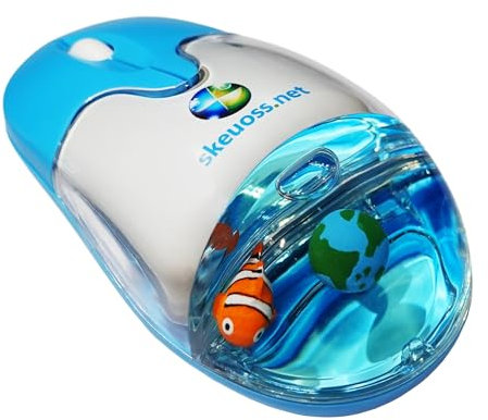 Frutiger Aero Aqua Mouse - Klarblau USB-C Wiederaufladbare Kabellose & Bluetooth Optische Retro-Computermaus mit Flüssigkeitsbereich und Schwimmern (Globus, Clownfisch)