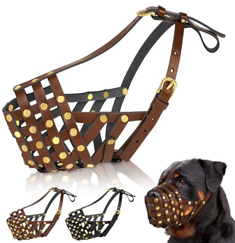 OOPSDOGGY Rottweiler Hundemaulkorb für Große Hunde - Leder Atmungsaktiv Sicherer Korb Maulkorb Maulkorb für Große Rassen Verhindert Beißen Kein Kauen Verstellbar (Braun, Größe 5 - Rottweiler)