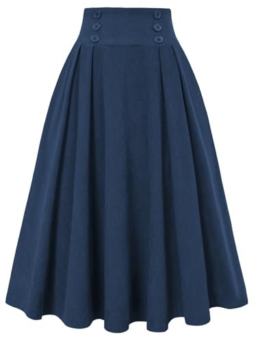 Belle Poque Cordrock für Damen Hohe Taille Midi Rock Vintage A-Linie Faltenröcke mit Taschen Marineblau L