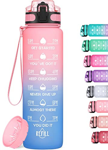 HydroPal 1L Sports Water Bottle, Slim Plastic Motivational Drink Bottle with Filter, Leakproof Water Bottle with Time Markings for Gym, Running, Travel, School, Office, Outdoor, BPA-free