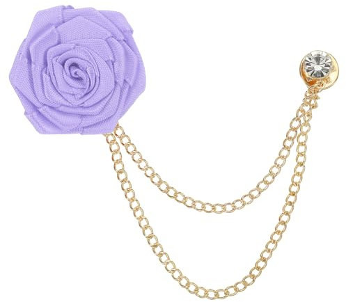 QUARKZMAN Broches à Chaîne Fleur Rose 4cm, Broche Costume Revers Homme Marié en Alliage Tissu, Chaînes Suspendues de Costumes pour Mariage Dîner Cérémonie, Violet Clair
