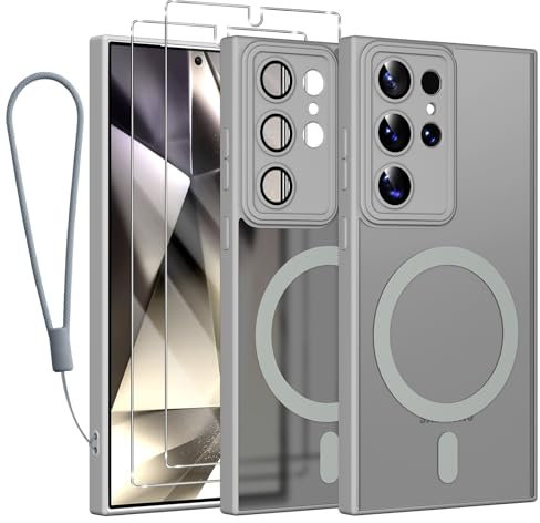 Phoona Magnétique Coque pour Samsung Galaxy S24 Ultra 5G Con Cordon, [Compatible avec MagSafe], Etui Translucide Mat Arrière Housse Fine Antichoc Case avec 2 Pièces Verre Trempé Étui, Gris