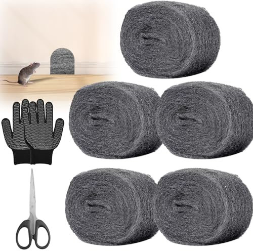 5 Rouleaux Laine D'acier, 15M Paille de Fer, Fil de Nettoyage Wire Wool, Laine Dacier Anti Rongeur, Laine Anti Rongeur avec Gants et Ciseaux pour Sceller les Interstices Nettoyage Polissage Entretien