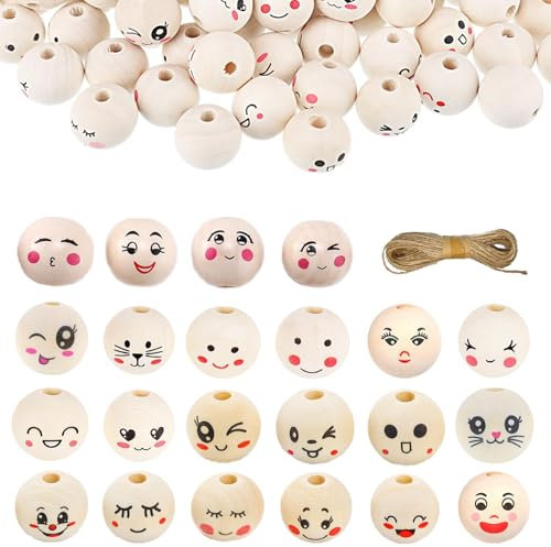 Wenrescry 110 stück Holzperlen mit Gesicht, Holzkugeln mit loch, 20mm, für DIY Handgefertigte Handwerk, Makramee und Schmuckherstellung, 22 Stile Deko-Kugeln und 10 m Hanfseil