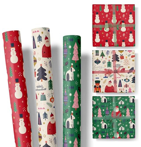 Geschenkpapier Kinder Weihnachten – 3 Rollen im Set – Motive: Winterwald, Tannenbaum, Schneemann, Weihnachtsmann – Weihnachtsgeschenkpapier Mädchen und Jungen – Rolle: 47 cm breit, 3 m lang - SET 3
