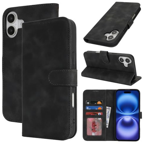 Zouzt for iPhone 16 Wallet Case Premium PU Leather with Card Holder, Credit Slot Flip Folio Book Shockproof Protective Phone Cover for iPhone 16 6.1 Inch (Vintage Black)
