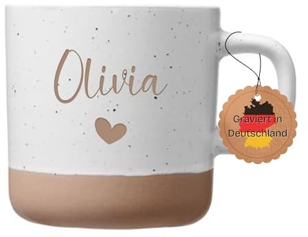 Personalisierte Tasse mit Namen | Geschenk beste Freundin & Ehefrau | Tasse mit Gravur und Herz | Steingut Kaffeetasse | Geschenk Geburtstag Frauen (Name+Herz)
