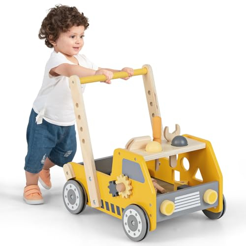 COSTWAY Carrello Primi Passi Legno Bambini, Giochi Montessori 12+ Mesi | 6 Attività Sensoriali, Velocità e Altezza Regolabili, Banco da Lavoro