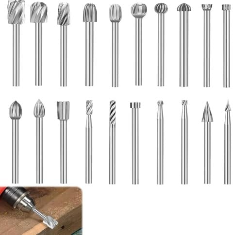 20-teiliges Fräser Holz Set Kompatibel mit Dremel, Holzschnitzerei Bohrer Set, mit 3mm Schaft für Rotary Tools, für Heimwerker, Holzarbeiten, Schnitzen, Gravieren und Bohren