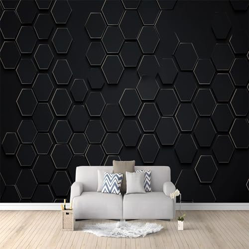 Mural Wallpaper for Living Room Black Honeycomb Hexagon 300x210 cm Photo Wallpaper Non-Woven Wall Mural Wallpaper Poster, Modern Bedroom Kids Room TV Background Wall Decor