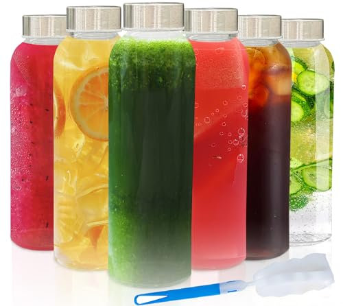 Glass Juice Water Bottles with Lids, 500ml Clear Smoothie Milk Drinking Bottle, Reusable Safe Storage Juicing Ginger Shots Bottled Container Leakproof (6)