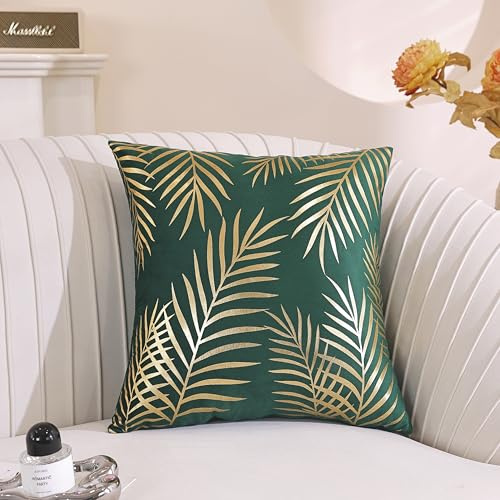 TAOSON 2Pcs Green Velvet Throw Pillow Covers, Gold Stamping Leaves, 18x18 | Ultra soft velvet for cozy comfort. Stunning gold leaf bronzing elevates decor for your sofa, couch, bed and living room.