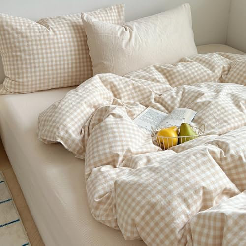 Lanqinglv Bettwäsche 135x200 cm Kariert Beige,Geometrisch Wendebettwäsche ÖKO-TEX Bettwäsche-Sets Bettbezug mit Reißverschluss und 1 Kissenbezug 80x80 cm