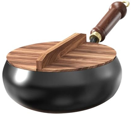 Nybhyjka Chinese Cast Iron Pan with Wooden Lid, Uncoated Iron Pan, Hand Forged Big Belly Pot, Versatile Cooking Vessel for Simmering and High-Heat Frying
