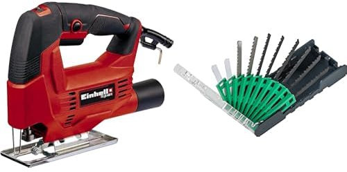 Einhell Sierra de calar - TC-JS 60/1. Baja vibración, control electrónico de velocidad, cambio de hoja sin herramientas, suela para cortes de inglete hasta 45 ° grados + Juego de 10 hojas de calar