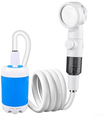 Outdoor Shower Pump System With Extended PVC Hose Stainless Steel Connector Battery Operated Camping Shower Head For Travel Hiking Pet Bathing Garden(Blue)