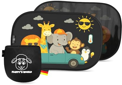 Sonnenschutz Auto Baby & Kinder • ZERTIFIZIERTER UPF50+ UV-Schutz • DEKRA geprüft & KBA-zugelassen • Nachhaltiges & hochwertiges GSM105+ Nylon • Sonnenblende Seitenscheibe • Tier-Motiv