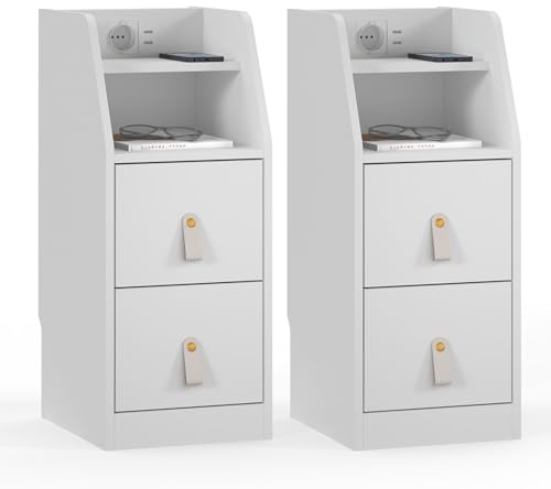 HULANAN Schmaler Nachttisch 30 cm, 2er Set, weiß-USB-Ladestation für Smartphone & Tablet, platzsparend, höhenangepasst für Boxspringbett, 2 Schubladen + offenes Fach, 45 kg Tragfähigkeit