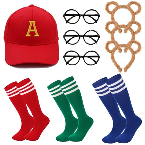 YAEGIMHT 10-teiliges Streifenhörnchen Kostüm Set für Erwachsene/Kinder – 3 Ohren-Stirnbänder, 3 Brillen, 3 Paar Socken (Grün/Rot/Blau) & 1 Rote Mütze – Fancy Dress, Halloween & World Book Day Outfit