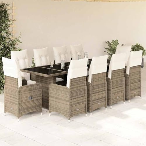 Runheo 11-TLG. Garten-Bistro-Set, Beige Poly Rattan, verstellbare Stühle mit Fußteil, Kissen, Glastisch, für Terrasse, Balkon, Außenbereich