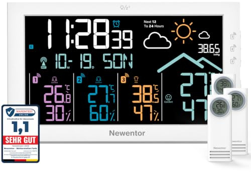 Newentor Wetterstation mit 3 Außensensoren, Netzbetrieb, große Anzeige | 7,5 HD-Farbdisplay, zeigt 3 Kanäle gleichzeitig, DCF-Funkuhr, Außensensor mit eigenem Display, Weiß.