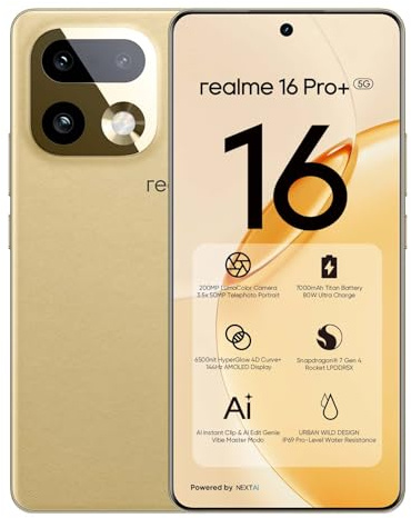 realme 16 Pro+ 5G Smartphone 8GB + 256GB, 200MP LumaColor, 7000mAh e 80W | Telefono Cellulare da 6,8 144Hz 4D Curve+ Display da 6500nits, Cellulari con Processore Snapdragon 7 Gen 4, IP69/NFC, Oro