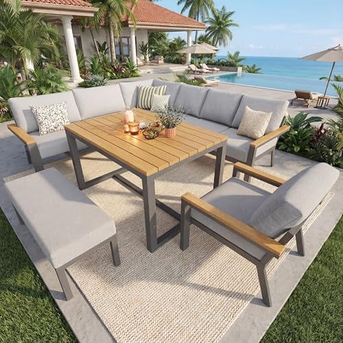 JCFEIDQW Gartenlounge Outdoor, Gartenmöbel-Set, Wetterfeste Terrassenmöbel, für 8 Personen, mit Holztisch, Liege aus Eisen, mit Polstern, für Terrasse, Balkon, Poolbereich (Grau)