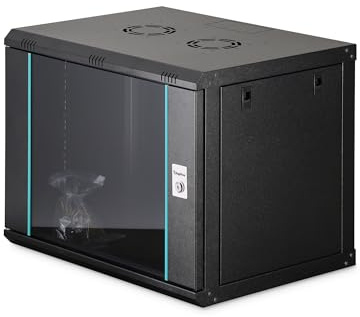 DIGITUS Netzwerkschrank – 19 Zoll 9HE – Unmontiert – Dynamic-N – Schwarz | 450 mm Tiefe – 320 mm Nutztiefe – Wandmontage – 60 kg Traglast – Glastür